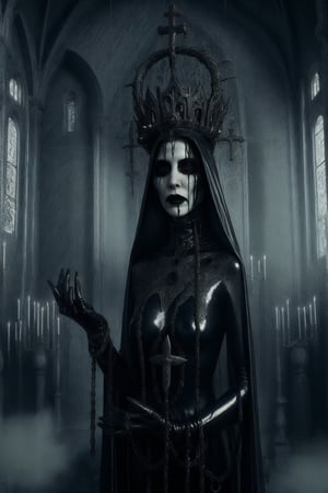 aeon old strange cathedral with occult signs and paintings sinister atmosphere surrounding the area with creepy slithering mist and eerie light a woman wearing black red ice blue and repulsive green wholebodyrubbersuitofaancient priestes with entwined dark metal crown fashion photo shoot becoming lich queen