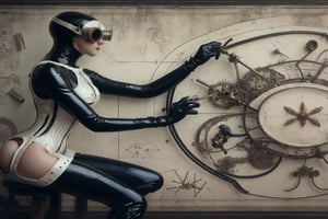 victorian era ladies dressed in rubber full bodysuit with strange metal contraptions and are interested in science