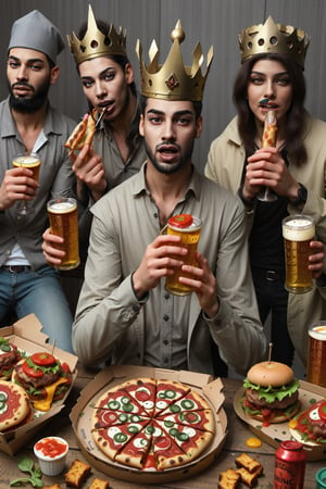 Medieval king eating pizza burgers kebab tacos beer cider with friends