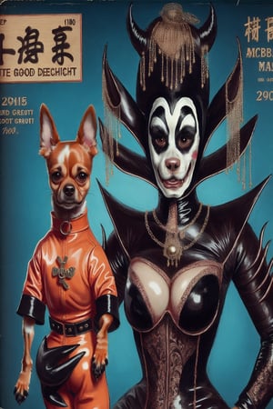 madam goobash and and her demonic chihuahua wearing the latest and greates of fashion in wholebodyrubbersuit girls night out 1800´s vintage add