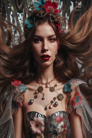 a woman wearing floral dress and long hair open,rubber and rubber like materials,stained glass,metal links and pieces,fashion photo shoot fantasy queen