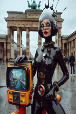 berlin megacity retro-futuristic  host for strange talk show with various guests on television,she is wearing bizarre obscure wholebodyrubbersuitwithaccessories  fashion photo shoot