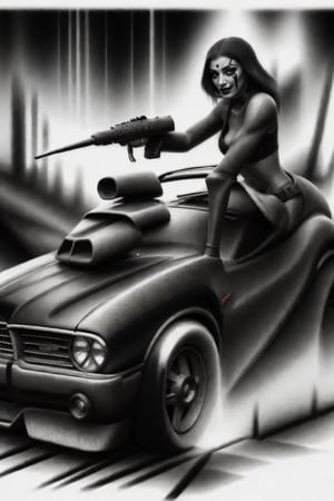 inkpaint cartoon dark fantasy cyberpunk style female bounty hunter driving brutal musclecar helldorado. draw the picture close to the original as much as possible.