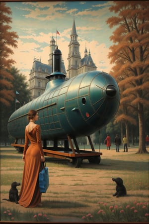 strange oilpainting where woman and her submarine are in the park