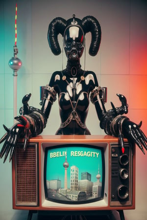 berlin megacity retro-futuristic  host for strange talk show with various guests on television,she is wearing bizarre obscure wholebodyrubbersuitwithaccessories  fashion photo shoot