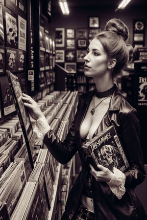 1800´s glamour model woman browsing the selection of death metal records and record store
