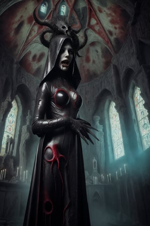 a mixture of lovecraftian horror and dark fantasy style picture of ancient goddess that represents the chaos reborn madam goobash wholebodyrubbersuit in the surroundings of ancient unholy cathedral with her  congregation a fashion photo shoot