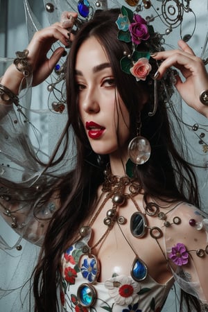 a woman wearing floral dress and long hair open,rubber and rubber like materials,stained glass,metal links and pieces,fashion photo shoot fantasy queen