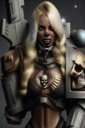 blonde woman spacemarine ultra brutal special forces with bulk armor skull insignia neuromancer neuralsystem 2000 equipped photo shoot. Imitate the original artwork as much as possible. vibrant colors. dark futuristic feeling.