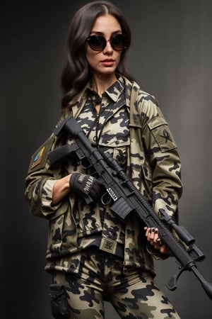 woman wearing camouflage vest,jacket and pants and stylish sunglasses and black boots. she is wielding a m4a1 assault rifle. do the clothing canvas and details with ultra good quality. do her anatomy correct,correct eyes,correct mouth. do facial details with ultra good quality. do the weapon details close to real one as good as possible