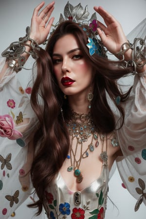 a woman wearing floral dress and long hair open,rubber and rubber like materials,stained glass,metal links and pieces,fashion photo shoot fantasy queen