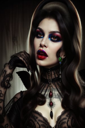 1970´s hammer horror style vampire queen fashion photo shoot gothic beauty. keep facial details and looks as close to the original as possible.