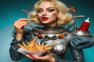 blonde woman strange space clothes  buubarella fashion photo shoot bigbazookas eating french fries. fix eyes,fix mouth,fix any anatomy errors. Create the facial details and nuances with extreme good quality,create the clothing and accessories details with ultra good details. Create the background and foreground details and nuances with hyper good quality. Use the colors as much as possible wide range with vivid and glossy style. make the whole picture with super good detailed foto realistic quality.