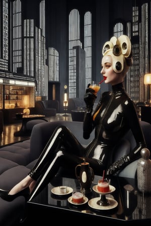 berlin megacity retro-futuristic with styles of jugend and art deco a living room woman enjoying a delicious coctail in stylish surroundings with state of the art furnitures and lights,she is wearing bizarre obscure wholebodyrubbersuitwithaccessories fashion photo shoot