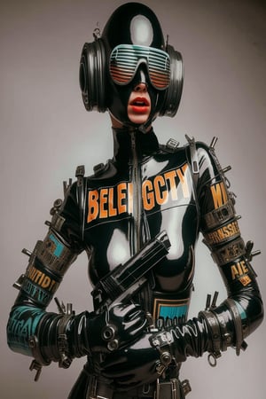 berlin megacity retro-futuristic  gangster ,she is wearing bizarre obscure wholebodyrubbersuitwithaccessories  fashion photo shoot