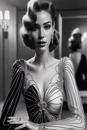 portrait of a 1940´s hollywood era glamour model wearing stylish evening gown that is colored half black and half white plus silver outlines fashion photoshoot