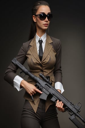 woman pinstripesuit,whitecollar shirt,tie,ornamented vest and pants and stylish sunglasses and black boots. she is wielding a m4a1 assault rifle. do the clothing canvas and details with ultra good quality. do her anatomy correct,correct eyes,correct mouth. do facial details with ultra good quality. do the weapon details close to real one as good as possible