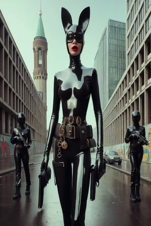 berlin megacity retro-futuristic  gangster ,she is wearing bizarre obscure wholebodyrubbersuitwithaccessories  fashion photo shoot