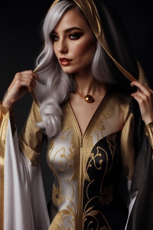 female sorceress mystic robes colored half black and half white with golden outlines fashion photoshoot