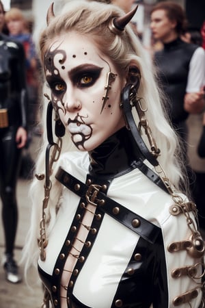 woman wearing whole body rubbersuit with straps and metal parts,she looks like pale demon,fantasy clothes obscure fantasy