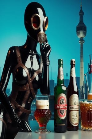 berlin megacity retro-futuristic and a strange aeon bar beer wine and fine whiskeys and coctails,she is wearing bizarre obscure wholebodyrubbersuitwithaccessories  fashion photo shoot