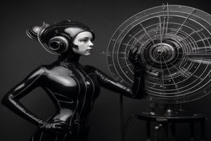 victorian era ladies dressed in rubber full bodysuit with strange metal contraptions and are interested in science