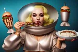 blonde woman strange space clothes  buubarella fashion photo shoot bigbazookas eating kebab with rice. fix eyes,fix mouth,fix any anatomy errors. Create the facial details and nuances with extreme good quality,create the clothing and accessories details with ultra good details. Create the background and foreground details and nuances with hyper good quality. Use the colors as much as possible wide range with vivid and glossy style. make the whole picture with super good detailed foto realistic quality.