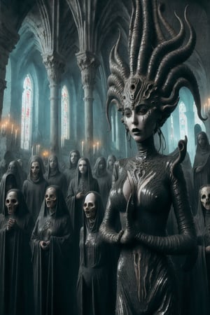 a mixture of lovecraftian horror and dark fantasy style picture of ancient goddess that represents the chaos reborn madam goobash wholebodyrubbersuit in the surroundings of ancient unholy cathedral with her  congregation a fashion photo shoot