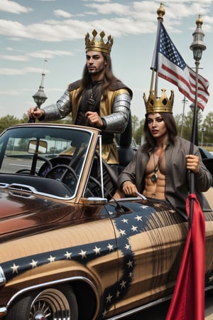 Medieval king driving a american musclecar cruising with friend