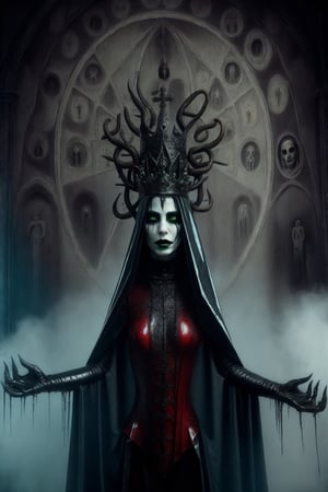 aeon old strange cathedral with occult signs and paintings sinister atmosphere surrounding the area with creepy slithering mist and eerie light a woman wearing black red ice blue and repulsive green wholebodyrubbersuitofaancient priestes with entwined dark metal crown fashion photo shoot becoming lich queen