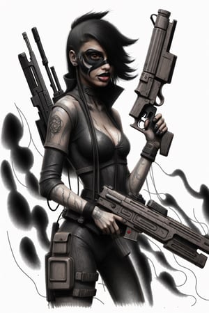 inkpaint cartoon dark fantasy cyberpunk style female bounty hunter brutal gun. draw the picture close to the original as much as possible.
