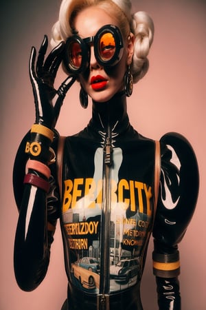 berlin megacity retro-futuristic  gangster ,she is wearing bizarre obscure wholebodyrubbersuitwithaccessories  fashion photo shoot