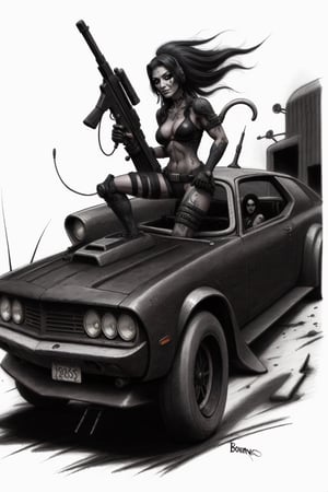 inkpaint cartoon dark fantasy cyberpunk style female bounty hunter brutal musclecar helldorado. draw the picture close to the original as much as possible.
