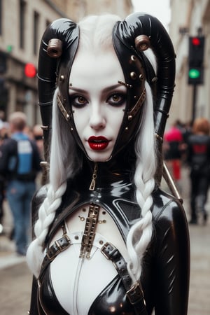 woman wearing whole body rubbersuit with straps and metal parts,she looks like pale demon,fantasy clothes obscure fantasy