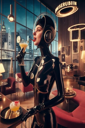 berlin megacity retro-futuristic with styles of jugend and art deco a living room woman enjoying a delicious coctail in stylish surroundings with state of the art furnitures and lights,she is wearing bizarre obscure wholebodyrubbersuitwithaccessories fashion photo shoot