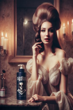 1800´s glamour model woman on a shampoo commercial for brand new death metal shampoo for thos long hairs