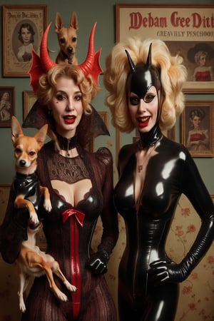 madam goobash and and her demonic chihuahua wearing the latest and greates of fashion in wholebodyrubbersuit girls night out 1800´s vintage add