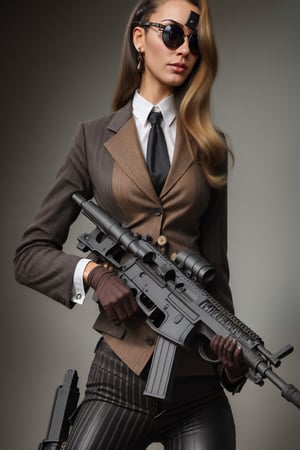 woman pinstripesuit,whitecollar shirt,tie,ornamented vest and pants and stylish sunglasses and black boots. she is wielding a m4a1 assault rifle. do the clothing canvas and details with ultra good quality. do her anatomy correct,correct eyes,correct mouth. do facial details with ultra good quality. do the weapon details close to real one as good as possible