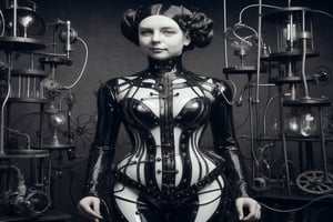 victorian era ladies dressed in rubber full bodysuit with strange metal contraptions and are interested in science