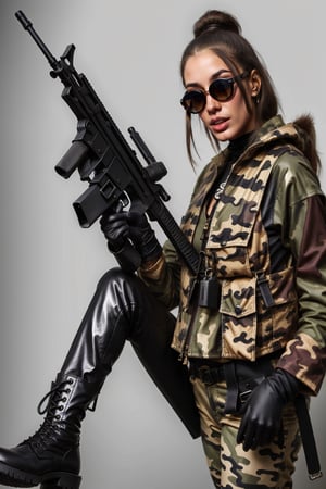 woman wearing camouflage vest,jacket and pants and stylish sunglasses and black boots. she is wielding a m4a1 assault rifle. do the clothing canvas and details with ultra good quality. do her anatomy correct,correct eyes,correct mouth. do facial details with ultra good quality. do the weapon details close to real one as good as possible