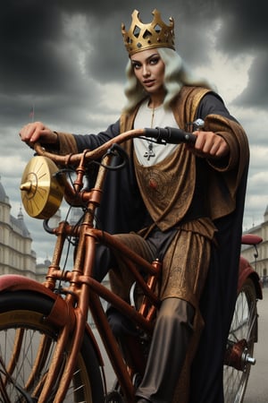 Medieval king driving a bicycle