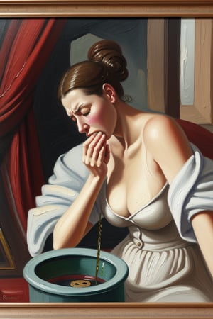 painting of a reneissance era woman feeling sick after night of heavy alcohol drinking