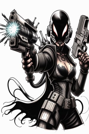 inkpaint cartoon dark fantasy cyberpunk style female bounty hunter with brutal guns. draw the picture close to the original as much as possible.