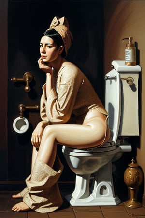 painting of a reneissance era woman taking a dump at toilet