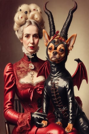 madam goobash and and her demonic chihuahua wearing the latest and greates of fashion in wholebodyrubbersuit victorian era  spicy and juicy 1800´s vintage add