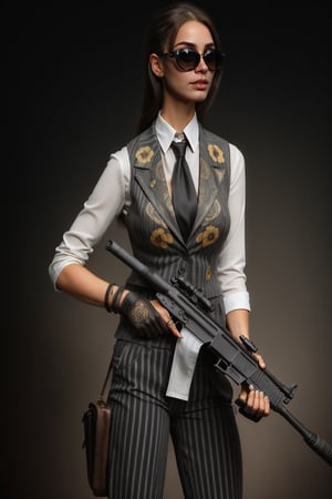 woman pinstripesuit,whitecollar shirt,tie,ornamented vest and pants and stylish sunglasses and black boots. she is wielding a m4a1 assault rifle. do the clothing canvas and details with ultra good quality. do her anatomy correct,correct eyes,correct mouth. do facial details with ultra good quality. do the weapon details close to real one as good as possible