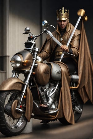 Medieval king riding a american motorbike that has wicked paintjob and lots of chrome