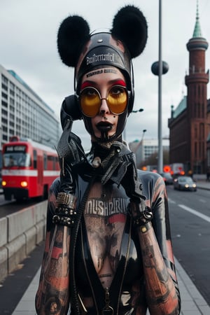 berlin megacity retro-futuristic  gangster ,she is wearing bizarre obscure wholebodyrubbersuitwithaccessories  fashion photo shoot