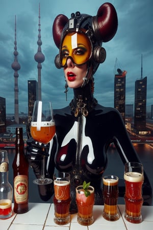 berlin megacity retro-futuristic and a strange aeon bar beer wine and fine whiskeys and coctails,she is wearing bizarre obscure wholebodyrubbersuitwithaccessories  fashion photo shoot