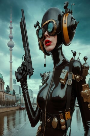 berlin megacity retro-futuristic  gangster ,she is wearing bizarre obscure wholebodyrubbersuitwithaccessories  fashion photo shoot
